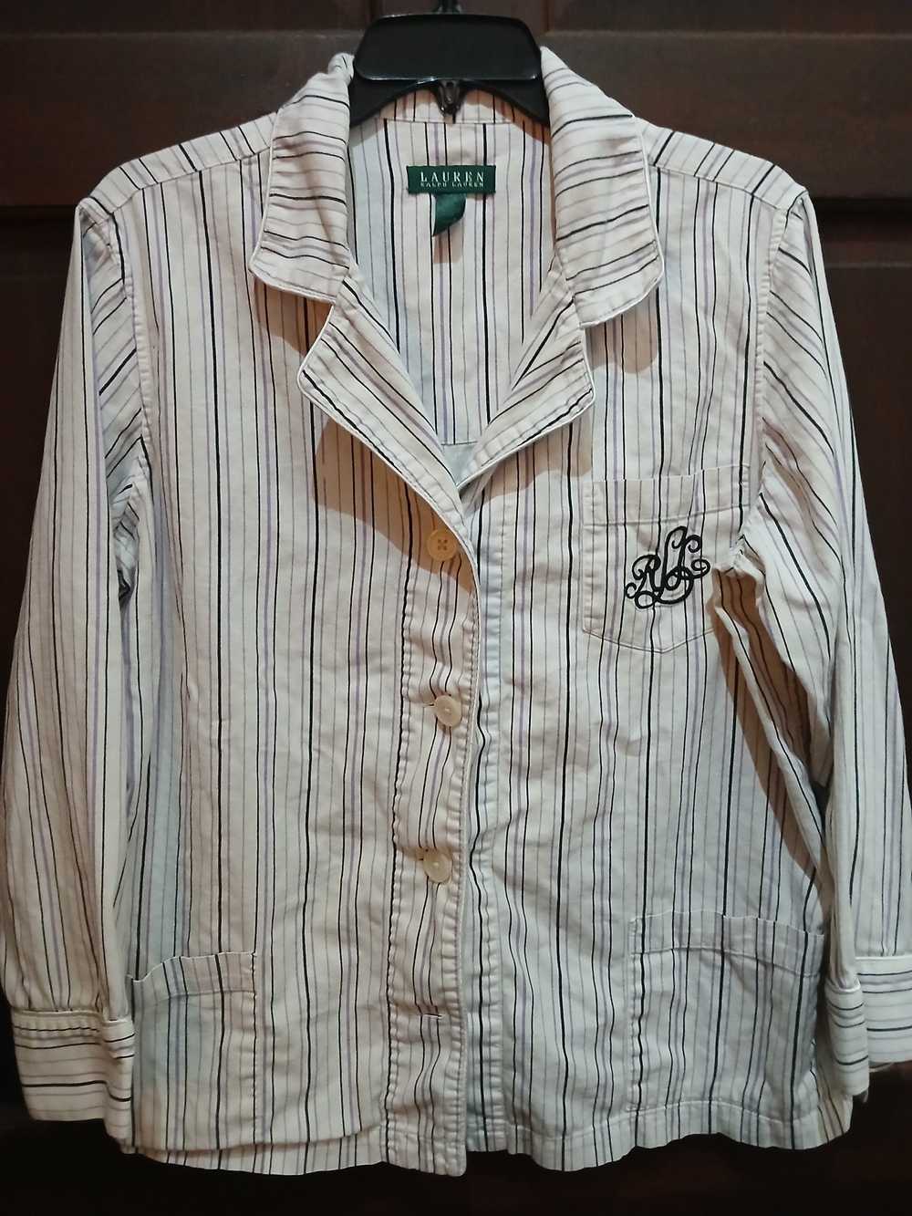Lauren Ralph Lauren White and Purple Striped Button-Down Pajama Top Size L